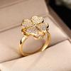 Exquisite Shining Full of Zircon Four-leaf Flower Rotatable Stainless Steel Adjustable Opening Rings for Women Designer Jewelry