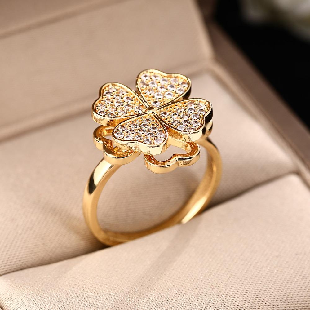 Exquisite Shining Full of Zircon Four-leaf Flower Rotatable Stainless Steel Adjustable Opening Rings for Women Designer Jewelry
