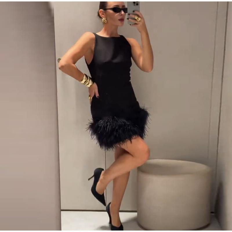 Elegantní Peří Patchwork Krátké Párty Šaty Dámské Slim O-výstřih Bez rukávů Vysoký Pas Dámské Šaty 2025 Dámské Sexy Večerní Šaty