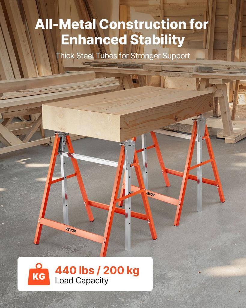 Saw Horses, 2 Pack Folding Work Horses, 199.6 kg Load Capacity Sawhorse with Heavy Duty Legs, Adjustable Height Saw Horse with Non-Slip Foot Pads, for