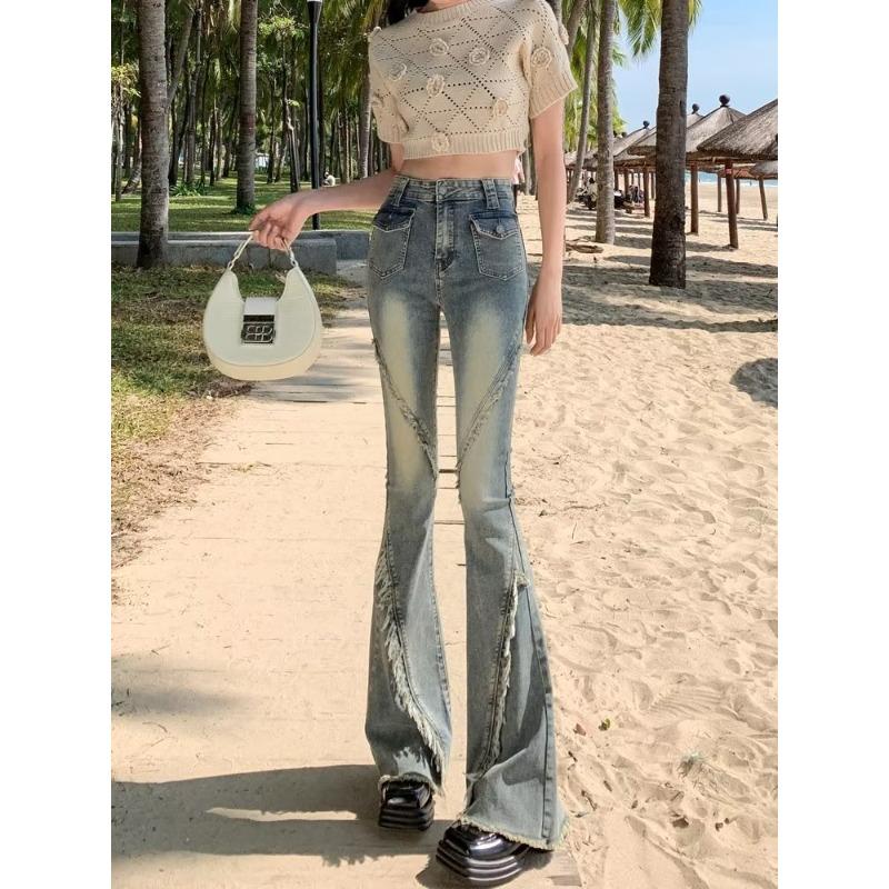 Raw Edge Micro Flare Jeans Spring and Autumn Women's Jeans Plus Size Vintage Flared Pants