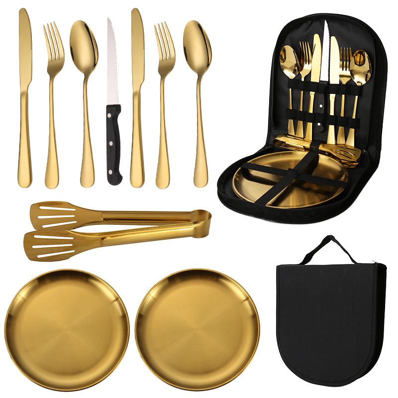 Outdoor Stainless Steel Tableware Set Portable Travel Knife and Fork Camping High-end Barbecue Plate Food Clip Spoon Set