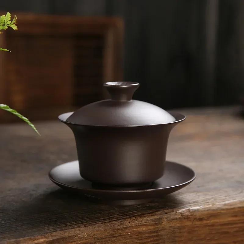 

180ml Vintage Purple Clay Gaiwan Chinese Handmade Teacup Household Beauty Tea Infuser Customized Portable Tea Cup with Lid 180ML