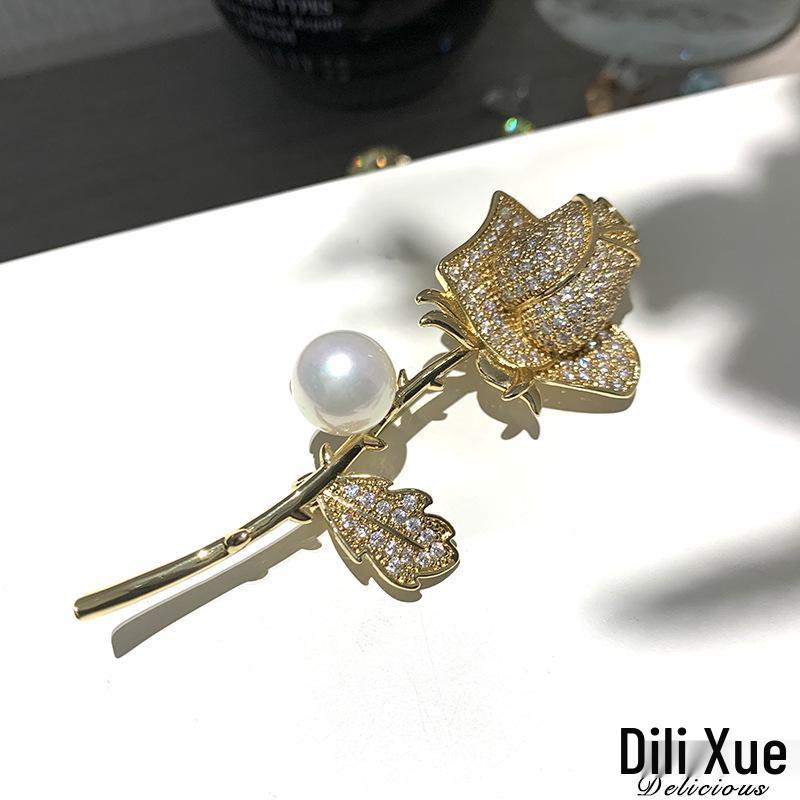 Dilly Snow 3D Rose & Pearl Brooch for Women – Elegant Clothing Accessory
