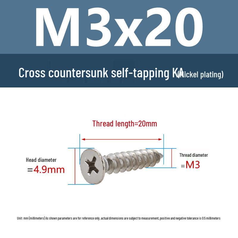 YiguYigu Nickel-Plated Phillips Flat Head Self-Tapping Screws M1-M5, Carbon Steel