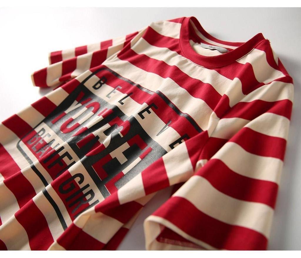 Korean Style Striped Maternity Dress - Summer Plus Size Loose T-shirt Skirt, Spring Mid-length Top