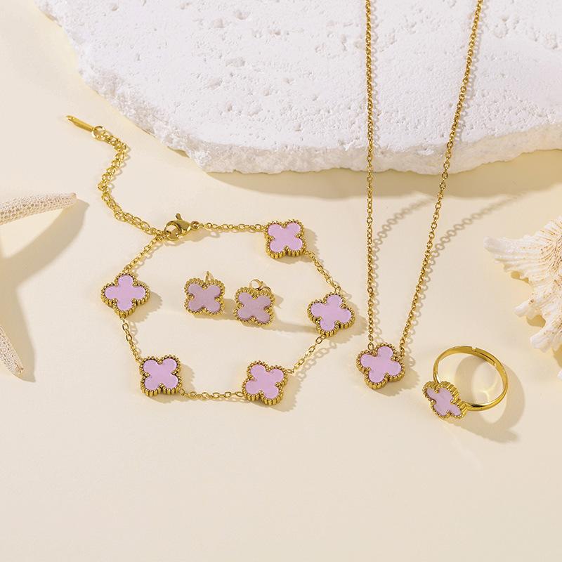 4PCS 13MM Double-Sided Mother-of-Pearl Lucky Four-Leaf Clover Bracelet, Earrings and Ring Four-Piece Women's Jewelry Set