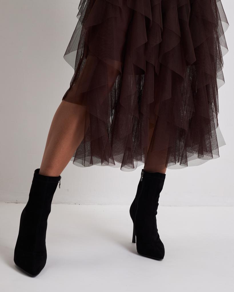 Μακριά φούστα από τούλι με κασκαντέ βολάν MZR 4432 καφέ