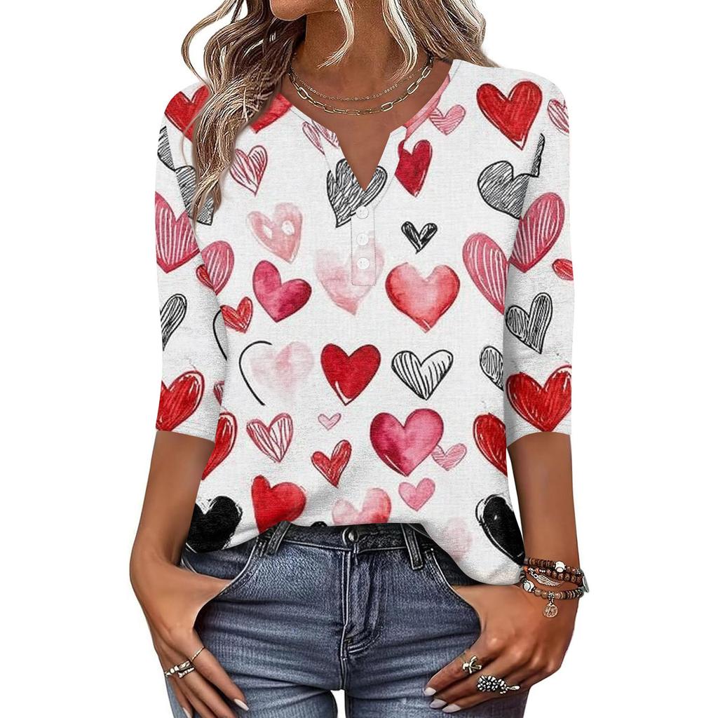 Camiseta feminina estampada com botões, manga 3/4, moda diária, de fim de semana, básica, decote em V, top regular