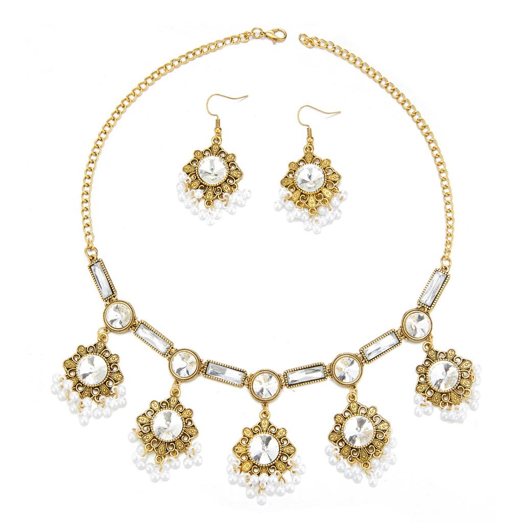 Bohemian Vintage Quasten Halsketten- und Ohrring-Set, Strassstein Ethnischer Stil Schmuck für Damen