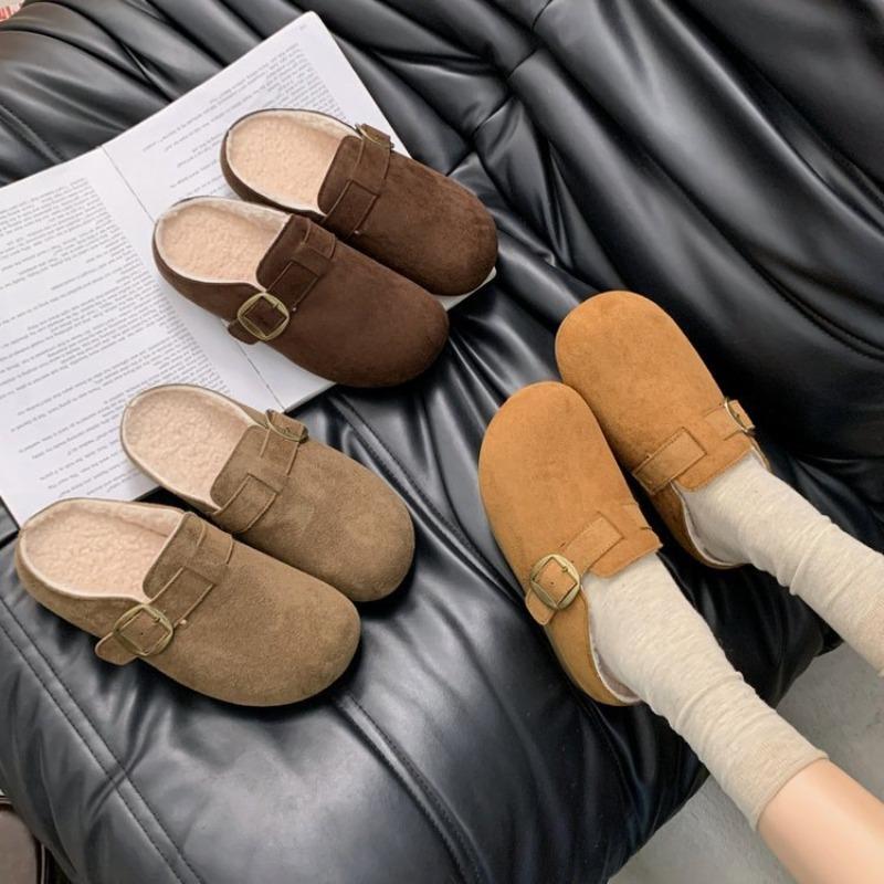 Thick-soled bag head and half-towed women, velvet and thicker warm in winter, soft-soled lazy people pedal Doudou shoes with one foot