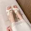 Fashion 2025 New Women Genuine  Sandals Mid Heel Shoes Square Toe Pleated Thick Heels Ladies Footwear Summer Apricot Beige