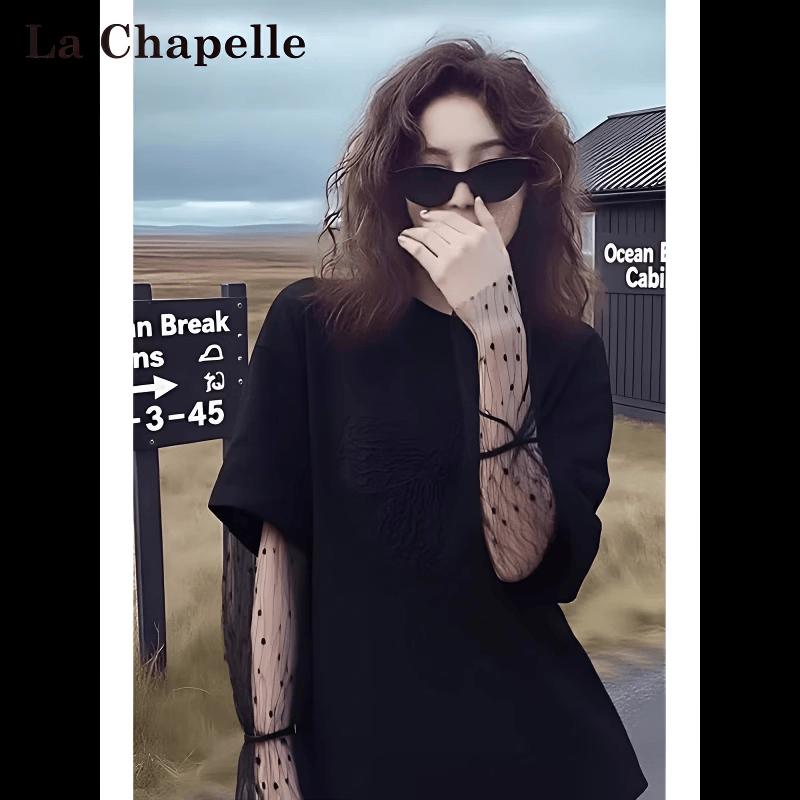 La Chapelle Women's Spliced Lace Bowknot Long Sleeve T-Shirt