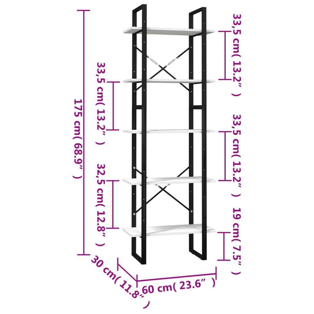 5 Shelf Bookcase White 60 x 30 x 175 cm Solid Pine Wood