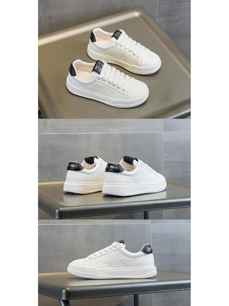 Women's Classic Genuine Leather White Sneakers - Retro Style, Thick Sole, Versatile Casual Skate Shoes