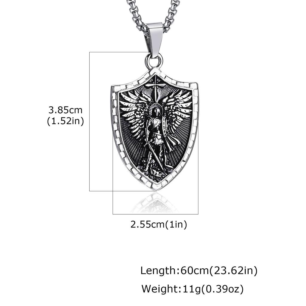 Stainless Steel St. Michael Shield Necklace for Men,Vintage Oxidized Saint Michael Pendant,Catholic Protection Jewelry Gift