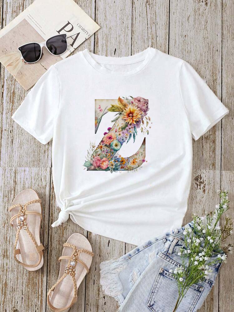 Custom Name Letter Combination Fashion Women T-shirt Floral Letter Font A B C D E F G Short Sleeve Tops White T-shirt
