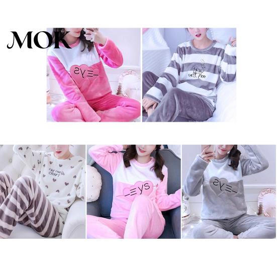 Home Wear Set 2Pcs/Set O-Neck Long Sleeves Pockets Elastic Waistband Loose Fit Flannel Pajamas Lounge Sleepwear Women Winter Heart Print Patchwork