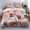 3Pcs Cute Cat Bedding Set, All-Over Cartoon Kittens Print Duvet Cover + 2 Pillowcases, Kids Nursery Decor