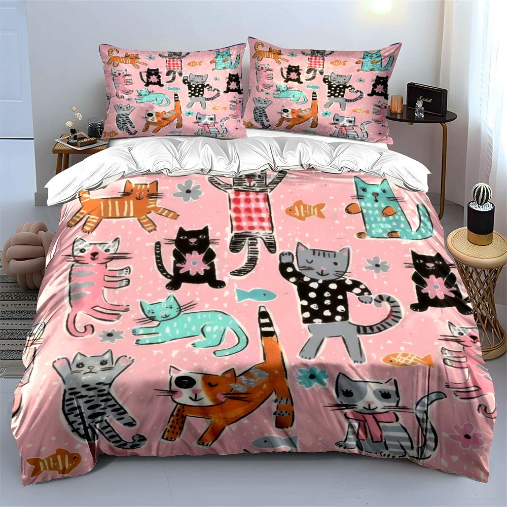 3Pcs Cute Cat Bedding Set, All-Over Cartoon Kittens Print Duvet Cover + 2 Pillowcases, Kids Nursery Decor