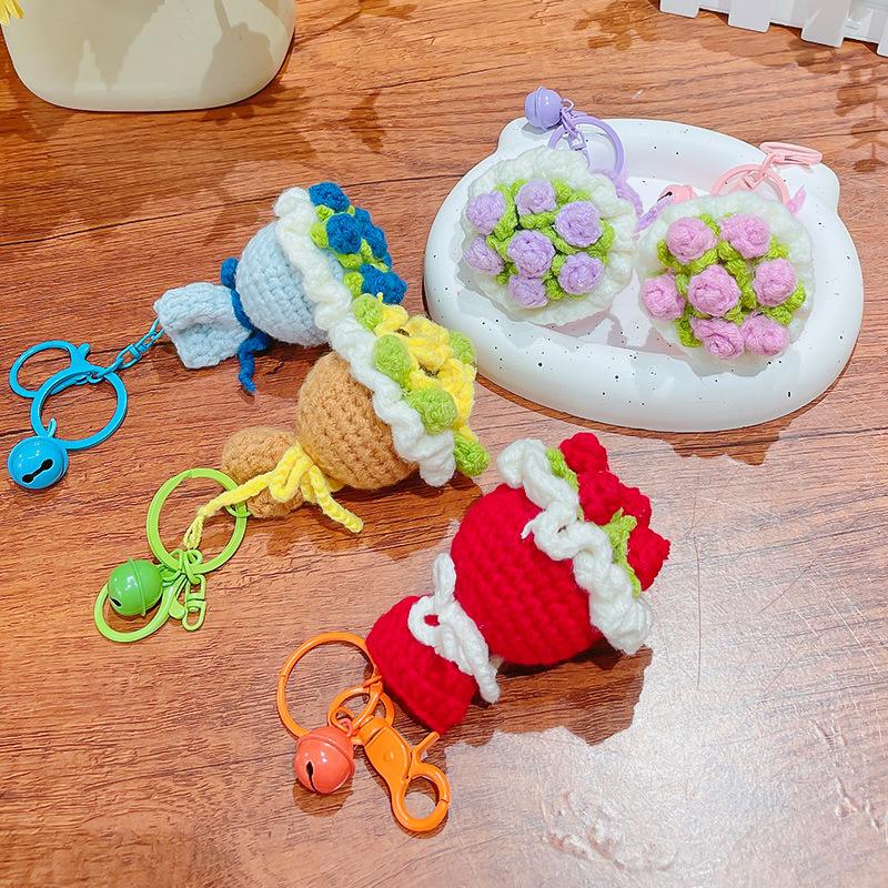 Cute Crochet Bouquet Keychain Mini Hand-Knitted Flower Keychain Ring Car Bag Hanging Pendant Ornament Lover Valentine'S Day Gift