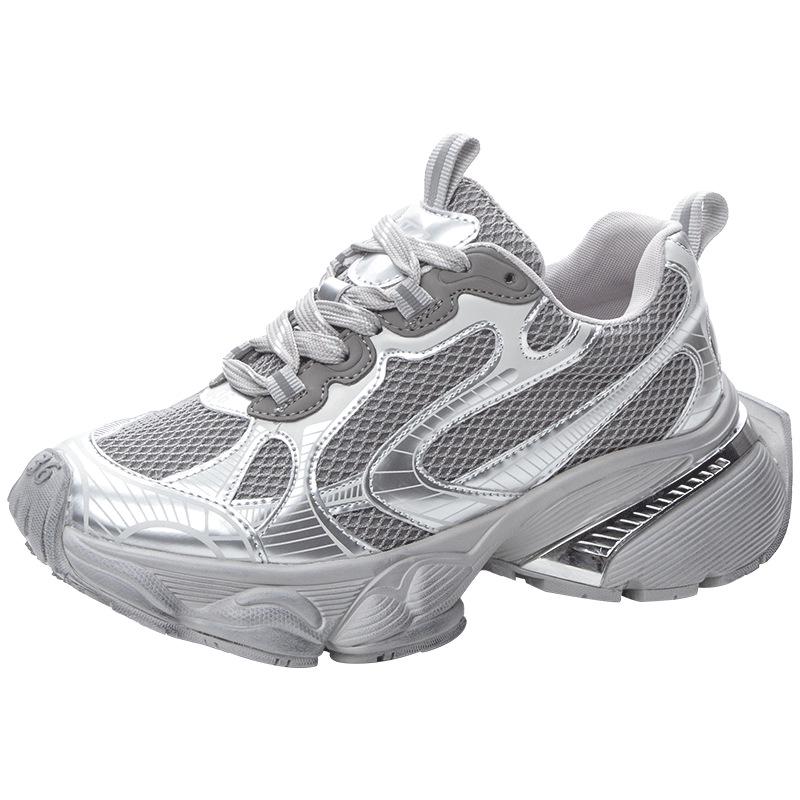 Women's 2024 Spring Fashion Height-Enhancing Breathable Mesh Dad Shoes: Versatile Soft-Soled Thick-Sole Casual Sports Footwear