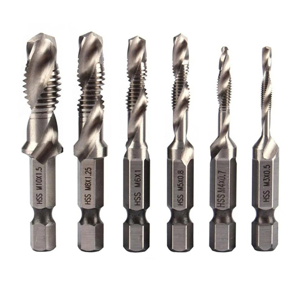 6-teiliges HSS 4341 Titanbeschichtetes Kombinations-Gewindebohrer-Bohrer-Set – Integriertes Bohr- und Gewindebohrer-Werkzeug mit Anfasfunktion
