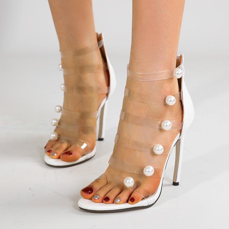 Fashion Liyke Fashion Design White Pearl PVC Transparent Sandals Women Sexy Zip Cover Strap High Heels Summer Open Toe Party Dress Shoes