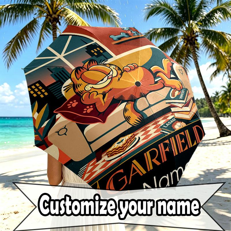 Personalisierter Garfield-Druckschirm mit individuellem Namen, Automatisches Öffnen und Schließen, Stabiler 8-Rippen-Rahmen, Für Pendeln, Camping, Wandern, Geburtstagsgeschenk