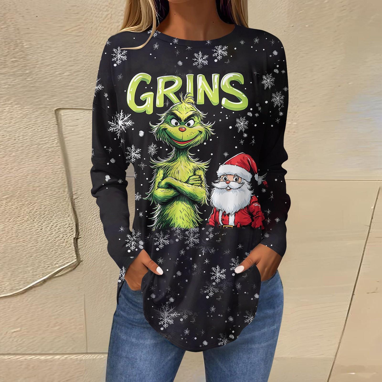 

Женская свободная футболка с длинным рукавом с круглым вырезом и принтом, верхний пуловер M