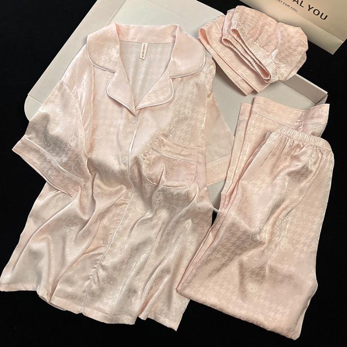 

Three-piece set, cool jacquard ice silk pajamas women s singles summer short-sleeved shorts trousers large-size loungewear M