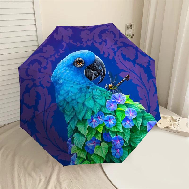 1pc Parrot Flowers Automatic Folding Umbrella 8 Rib Iron Frame,  Suitable for Travel, Daily Use, Birthday, Women & Men Gift