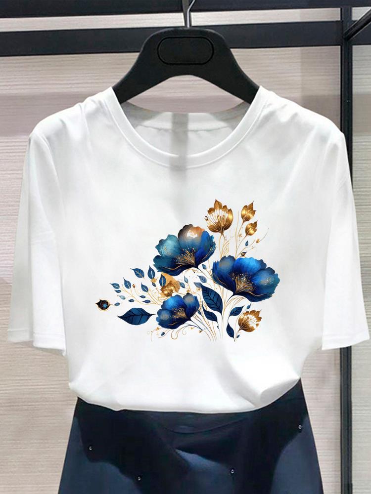 (Asian Size) Lovely Flower Trend Women's Top Print O-neck Casual T Fashion Female Clothing Graphic Tee Short Sleeve T-shirts
