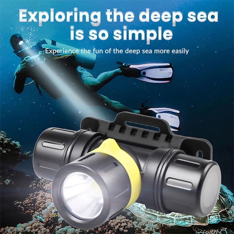 Underwater Diving Headlamp with Adjustable Head Mount, Aluminum Beam Light for Snorkeling, Night Fishing and Camping