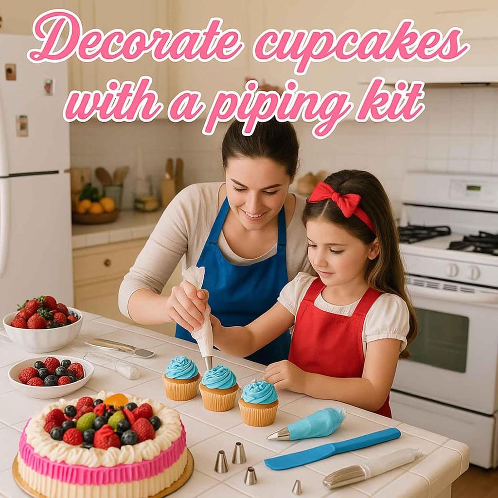 34PCs Cake Decorating Kit–Piping Bags and Tips Set With 24 Stainless Steel Piping Tips,2 Reble Silicone Piping Bags,3 Smoothers, 2 Couplers,2 Bag