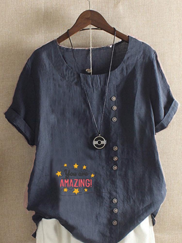 Women's Fashion Letter Print Round Neck Short Sleeve T-shirt Casual Cotton Linen Graphic Shirt Leisure Loose Summer Blouse Tops