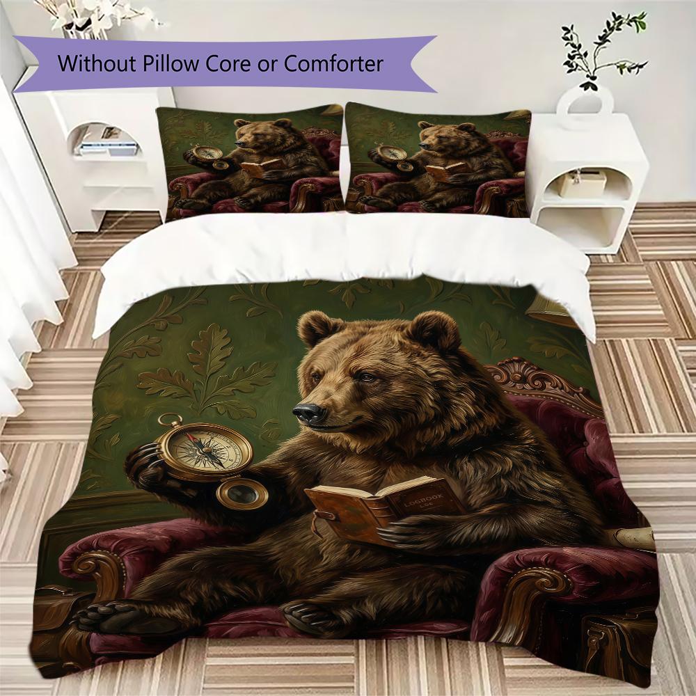 Vintage Bear Pattern Bedding uilt Set uilt Cover Pillowcase Home Decoration Birthday Gift (1 * duvet cover + 2 * pillowcase without core)