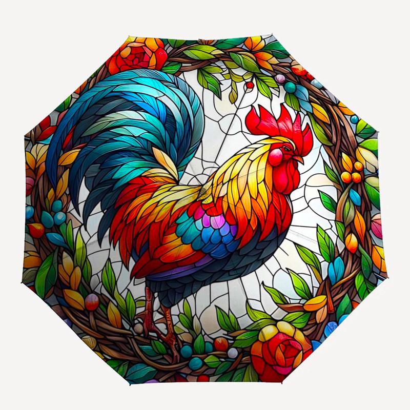 1 Stück Buntglas Hahn Design Automatisches Öffnen/Schließen Regenschirm - Tragbares Dreifach faltbares Design mit 8-Speichen Eisenrahmen - Outdoor - Ideales Geschenk für Fans,
