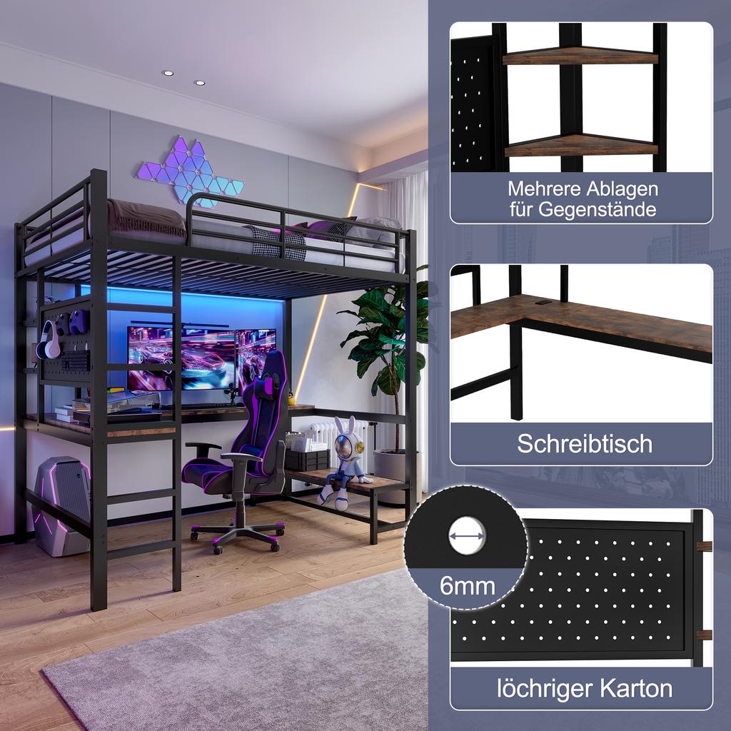 Loft Bed, 90 X 200cm, Iron Frame, Desk, Railing, Ladder, Multiple Shelves, USB+Type-C Socket, LED Strip, Pegboard, Without Mattress, Black