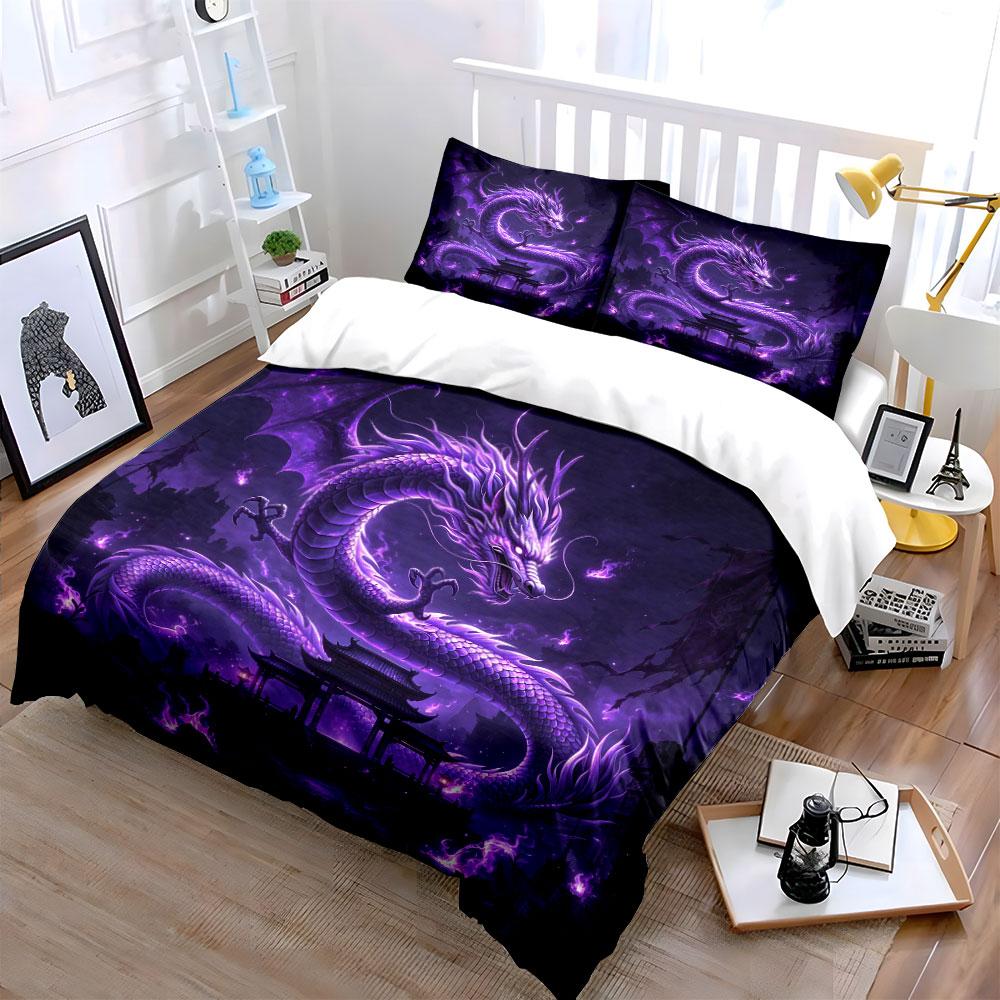 Purple Dragon Art Decor Set Soft Comfortable Duvet Cover Bedding Set Included 1*Duvet Cover & 2*Pillowcases, Gift