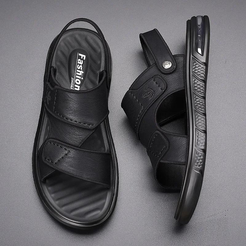 FashionNew Men's Sandals Summer Non-slip Wear-resistant Leather Men's Beach Shoes Fashion Casual Male Slippers