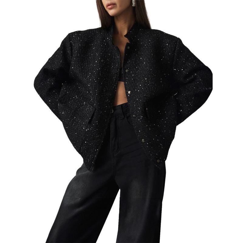 Gold Silk Sequin Jacket Female 2024 Fashion Ins New Arrival Fashionable Sequins Stand Collar Baggy Coat