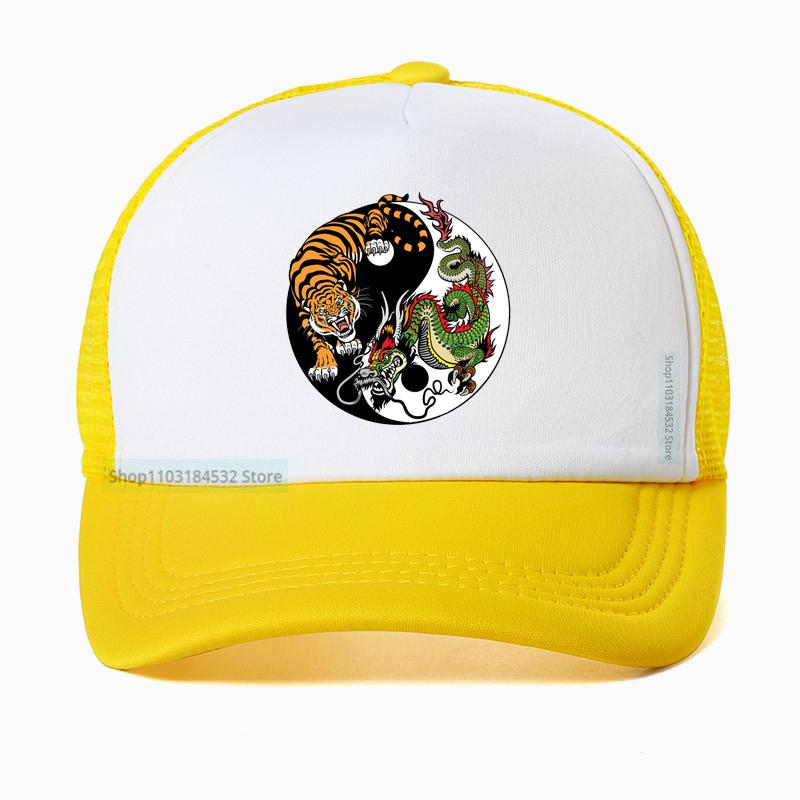 Chinese Dragon And Tiger Tattoo Print Mesh Baseball Cap Summer Adjustable Breathable Trucker Hat Fashion Casual Sun Hats
