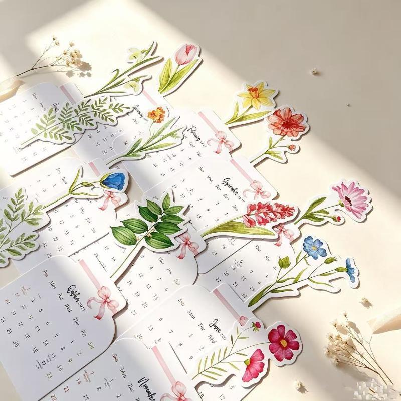 2027 Süße Katze Blühende Blumen Schreibtisch Schreibtischkalender Holzsockel 12 Malerei Kunstkarten Monatsplaner Home Office Schuldekor