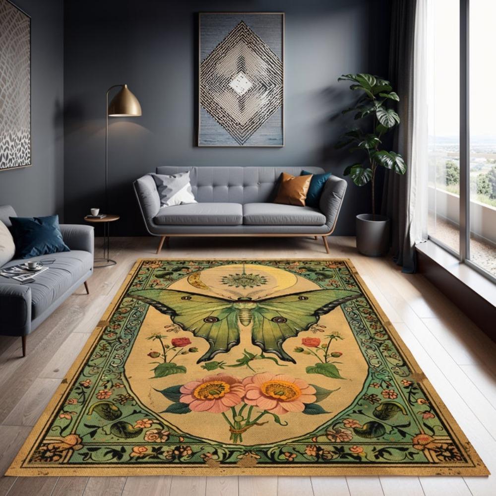 Large Size Carpet 1pc Comfortable Crystal Velvet Rug][Machine Washable]Floral Green Moon Moth Area Rug, Butte