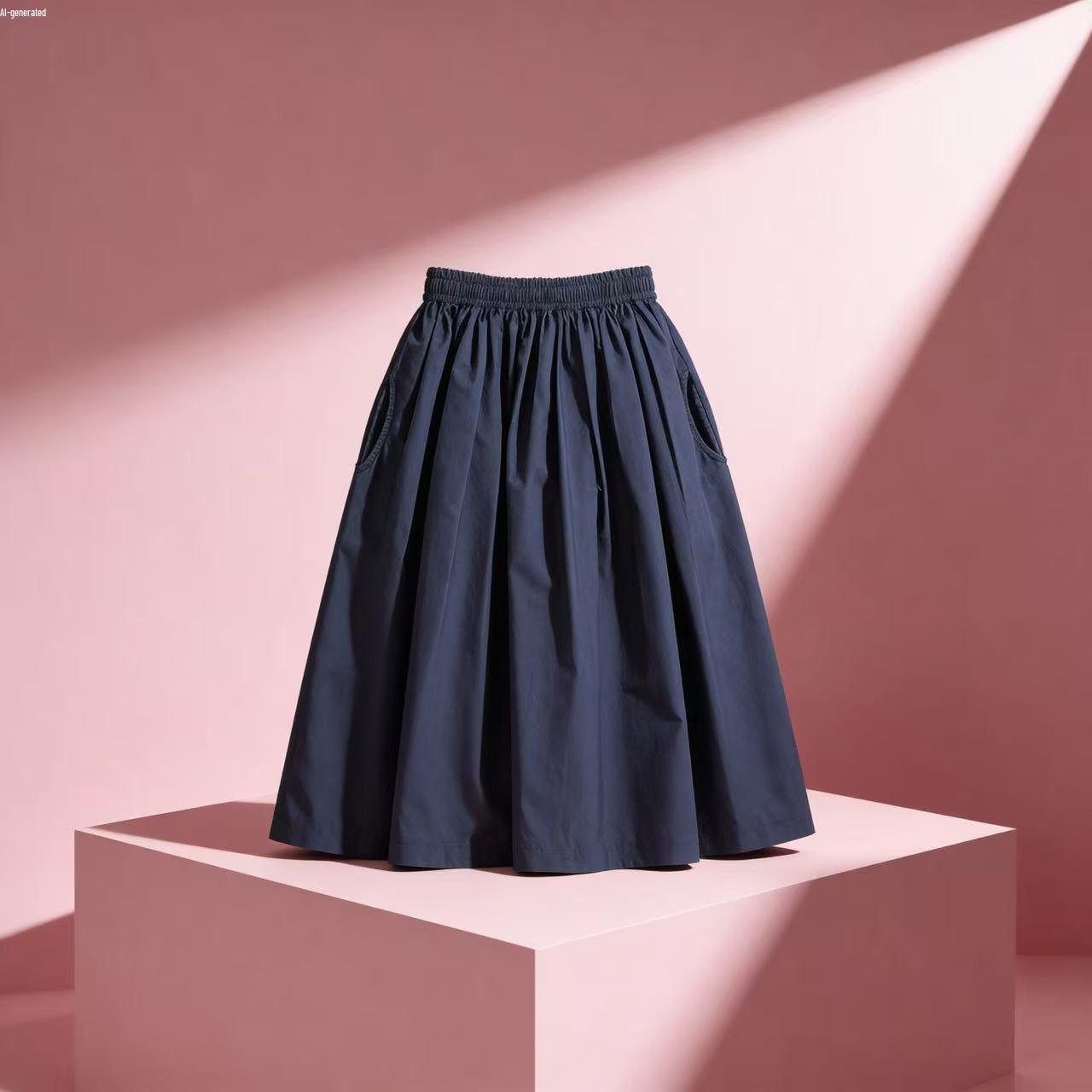 

Summer Mid-Length High-Waist Elastic Skirt - Versatile, Solid Color Umbrella Design S темно-синього кольору