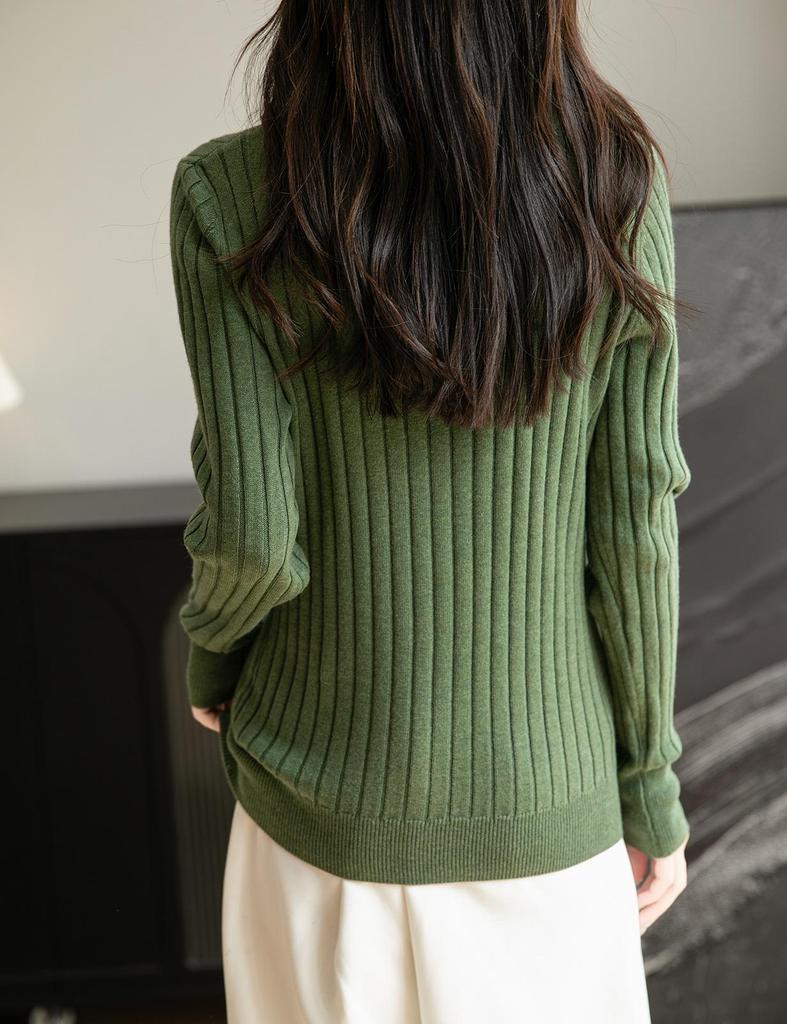 Women's Ribbed Knit Double-Layer Pullover Sweater with Stand Collar - Long Sleeve, Color Block Design for Autumn/Winter