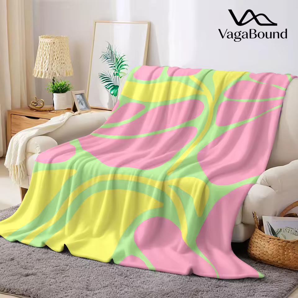 Pink Green Leaf Floral Flannel Blanket Warm Soft Halloween Christmas Decorative Couch Warm Cozy All-Season Gift