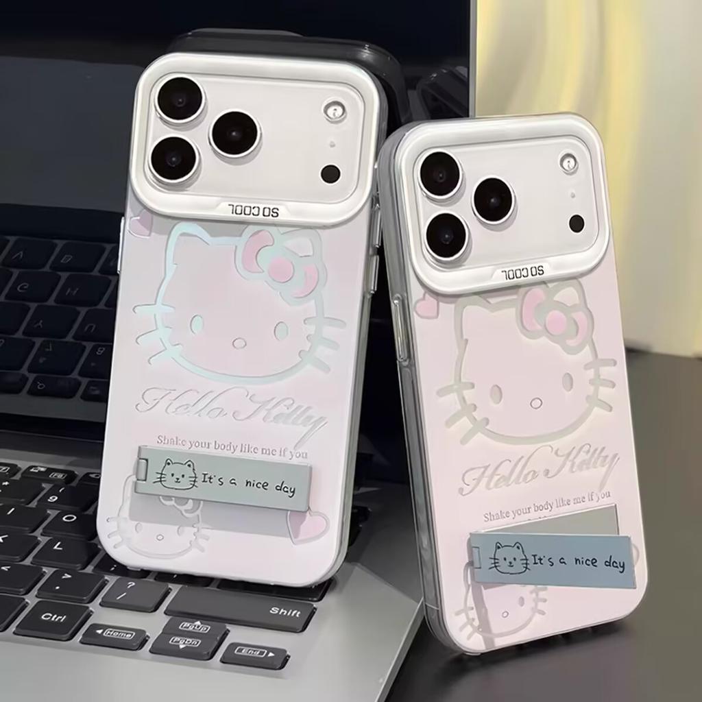 Cartoon Hello Kitty Bracket Holder Phone Case For Iphone 17 Pro Max 17 Air 16 15 14 11 12 13 Pro Max 16 Plus 16e 13 Mini Casing