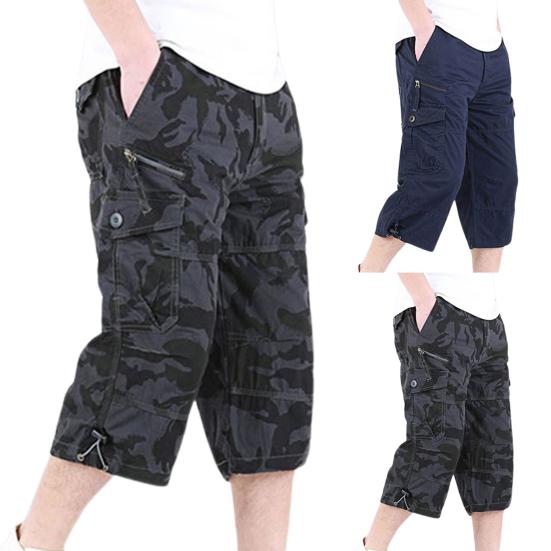 Caprihosen mit Reißverschluss Elastischer Bund Lässig Mehrere Taschen Hohe Taille Gerade Cargoshorts Streetwear